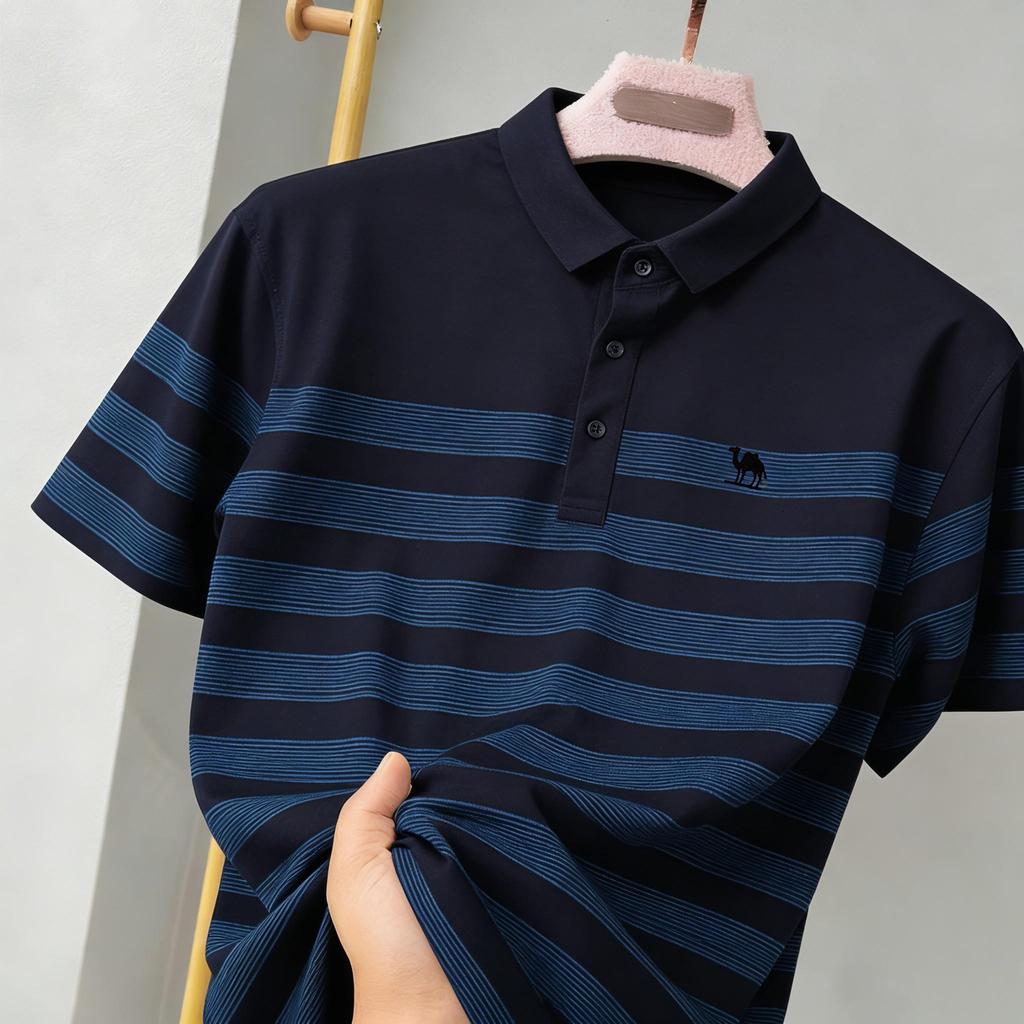Camel Striped Minimal Business Style luxury men's collared shirt Chinese Fashion Polo Dark Tone Men's Daily Casual Clothing Collared t shirt Quick Dry And Breathable -OTB Original