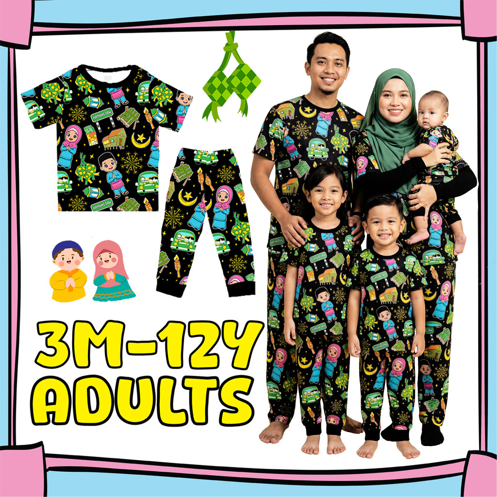 (3M-Adult) OBW BLACK HARI RAYA Pajamas Cotton Kid Sedondon Pyjamas Girl Boy Baju Tidur Budak Lelaki Family Set Dewasa