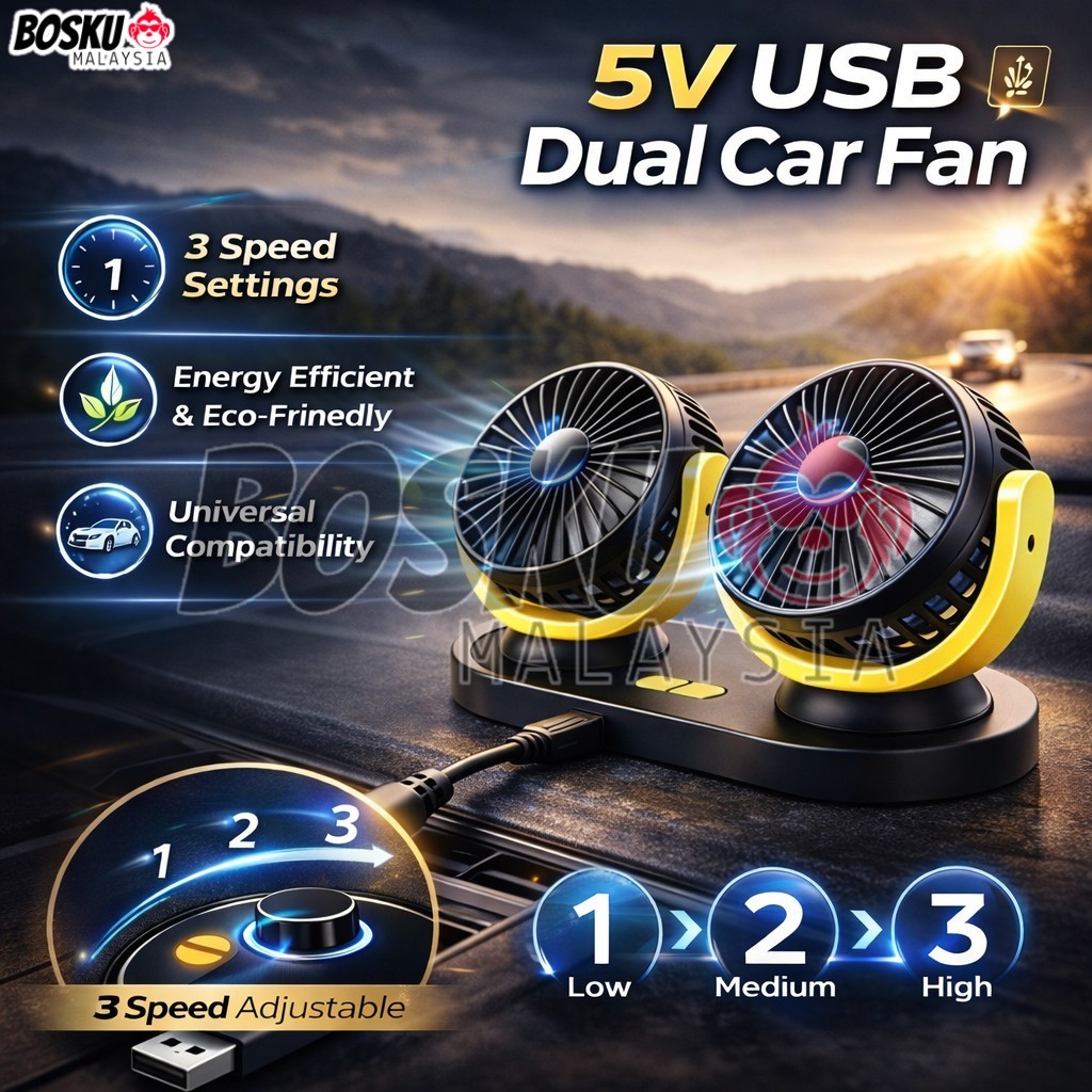 BOSKU Car Fan Truck Fan Air Conditioning 3 Speed USB Fan Dual Head 360°Rotating Silent USB Mini Car Fan 汽车风扇 USB风扇