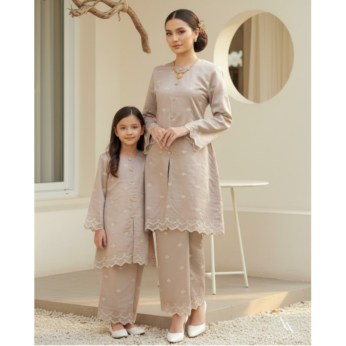 Kurung Riau Sulam Senandung Ibu & Anak Taupe
