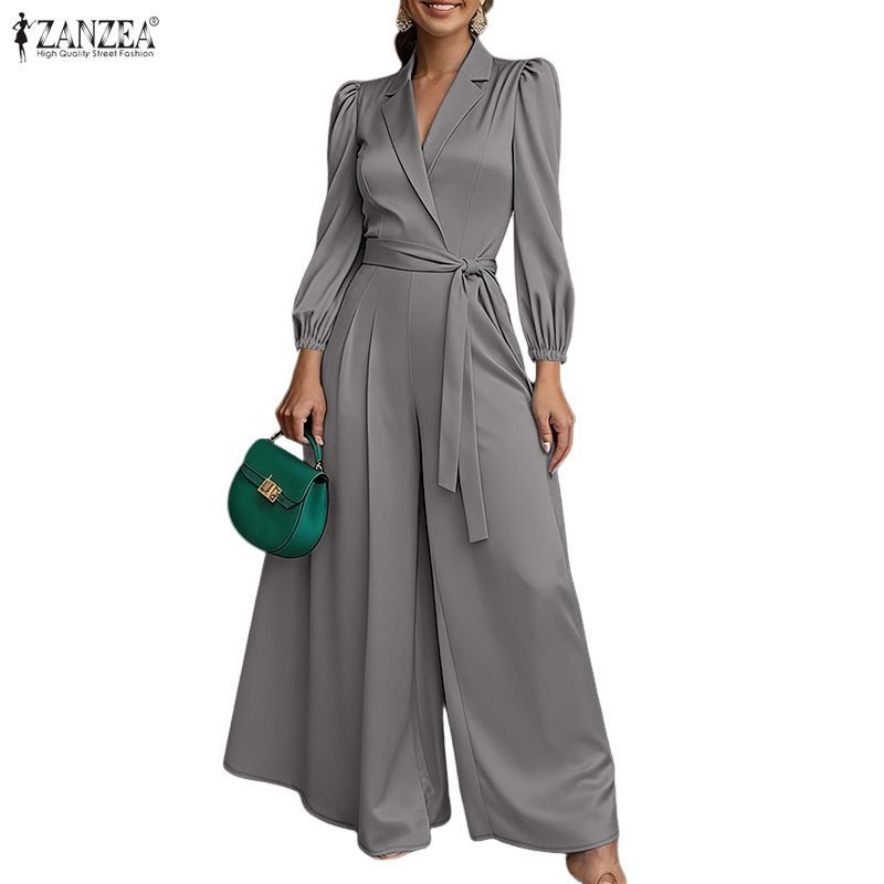 ZANZEA Women's Korean Style Office Jumpsuit - Puff Sleeves, High-Waist, Wide Legs