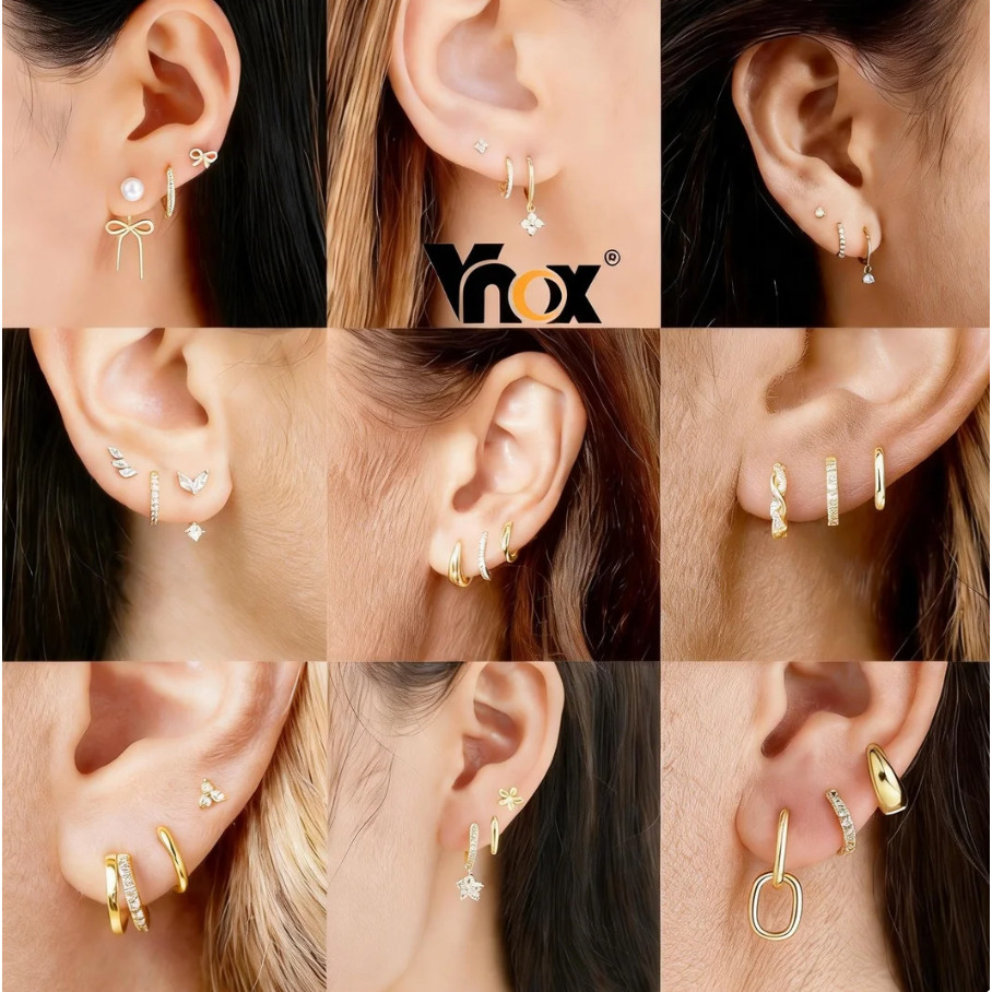 Vnox 3-Pair Set Zircon Stainless Steel Hoop Earrings,Raya Collection Gold Earrings Elegant Women’s Jewelry gift Daily We