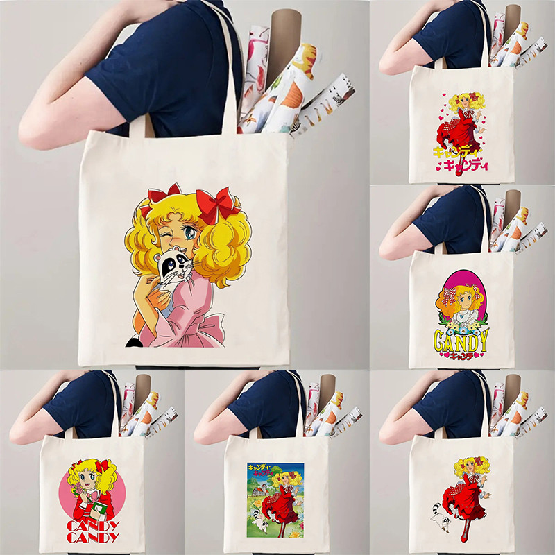 Candy Cartoon Print Canvas Tote Bag Women Shoulder Handbag Bag Shopping Bag Travel Pouch Fashion Girl Shoulder Bag Reusable