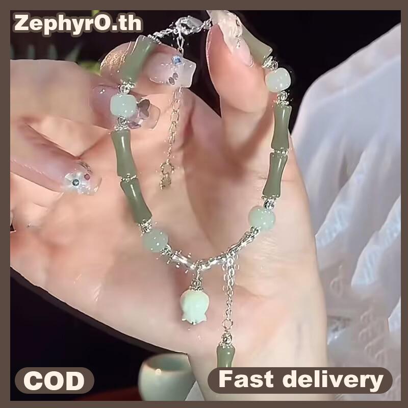 null Chinese Style Vintage Green Bamboo Joint Beaded Bracelet For Women's Fashion Simple Charm Flower Bracelet Jewelry Gift null