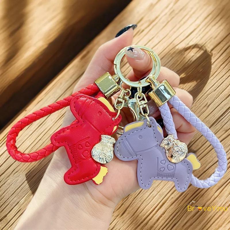 [BraveYimu] Women Leather Charms Zodiac Horse Keychain Bag Pendant Cartoon Pony Keyring Cute Animal Ornament Key Holder New Year Gift New