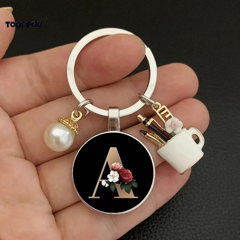 tooppuu A-Z Letters Elegant Imitation Pearl Key Chain Charm Enamel 26 Letters Key Ring new