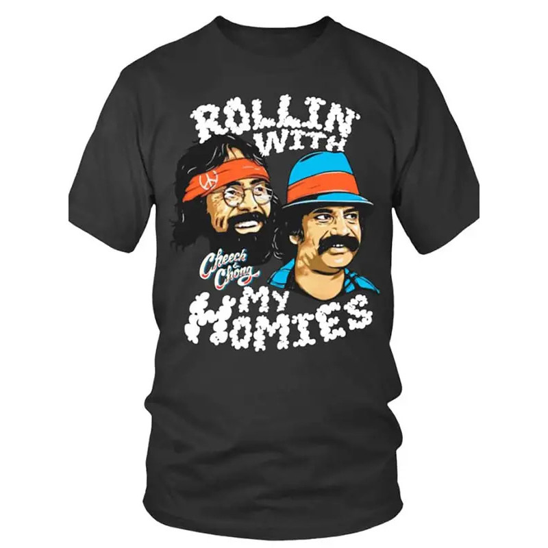 Cheech Chong Rollin with My MomiesGraphic T-Shirt -Black Retro Comedy Duo Tee Loose Fit Vintage Movie Shirt untuk Dewasa