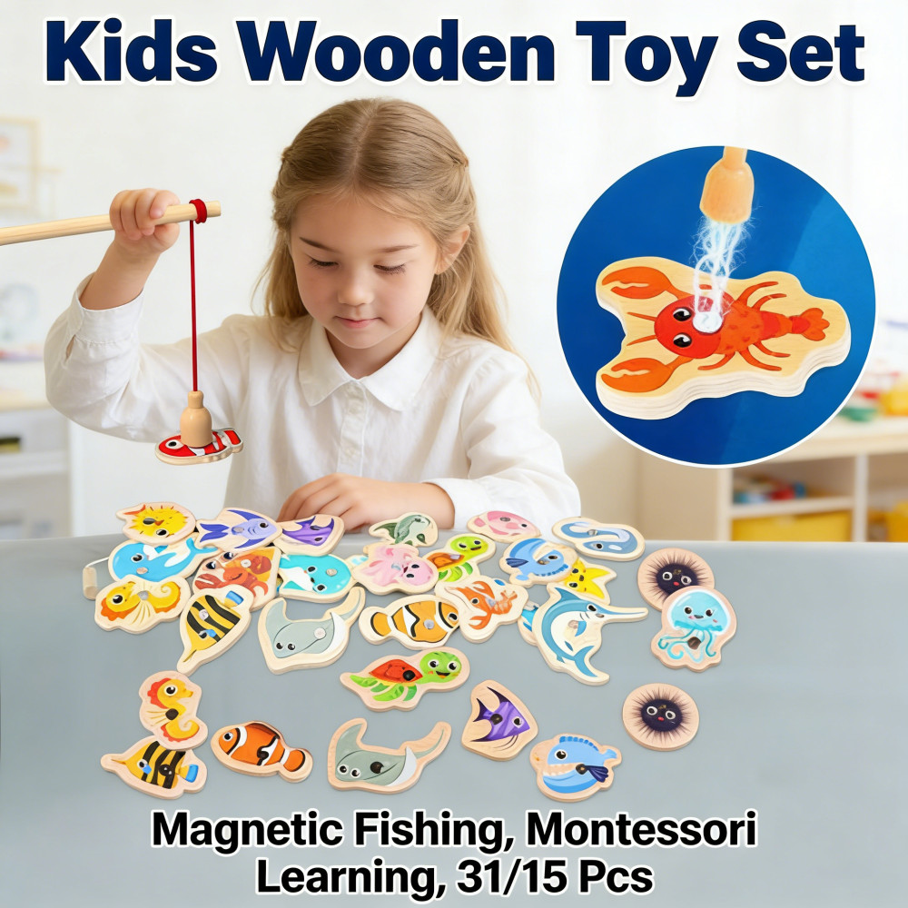 Toys Kids Montessori Magnetic 15/31PCs Game Puzzle Fish Wooden Cartoon Magnetic
