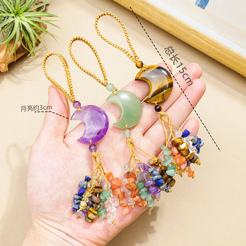 Natural Colorful Gravel Tassel Crystal Moon Car Pendant Amethyst Keychain Crystal Crafts Bag Decoration