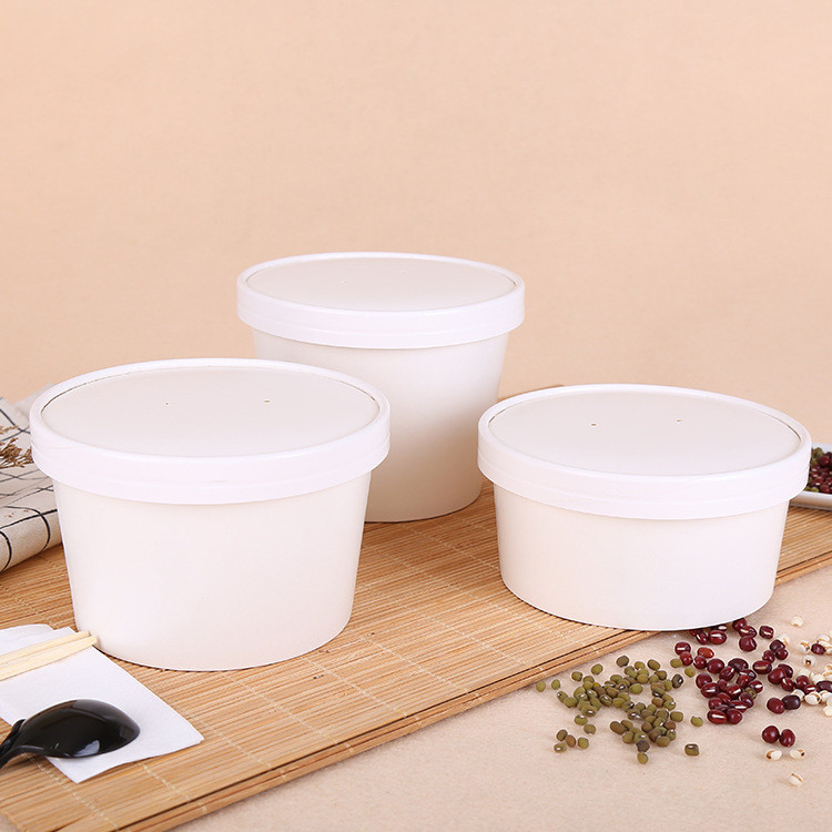 Mangkuk sup kertas kraft putih pakai buang yang sedia untuk dihantar, bekas salad bawa pulang berbentuk bulat, bekas bubur makanan segera dengan cetakan logo.
