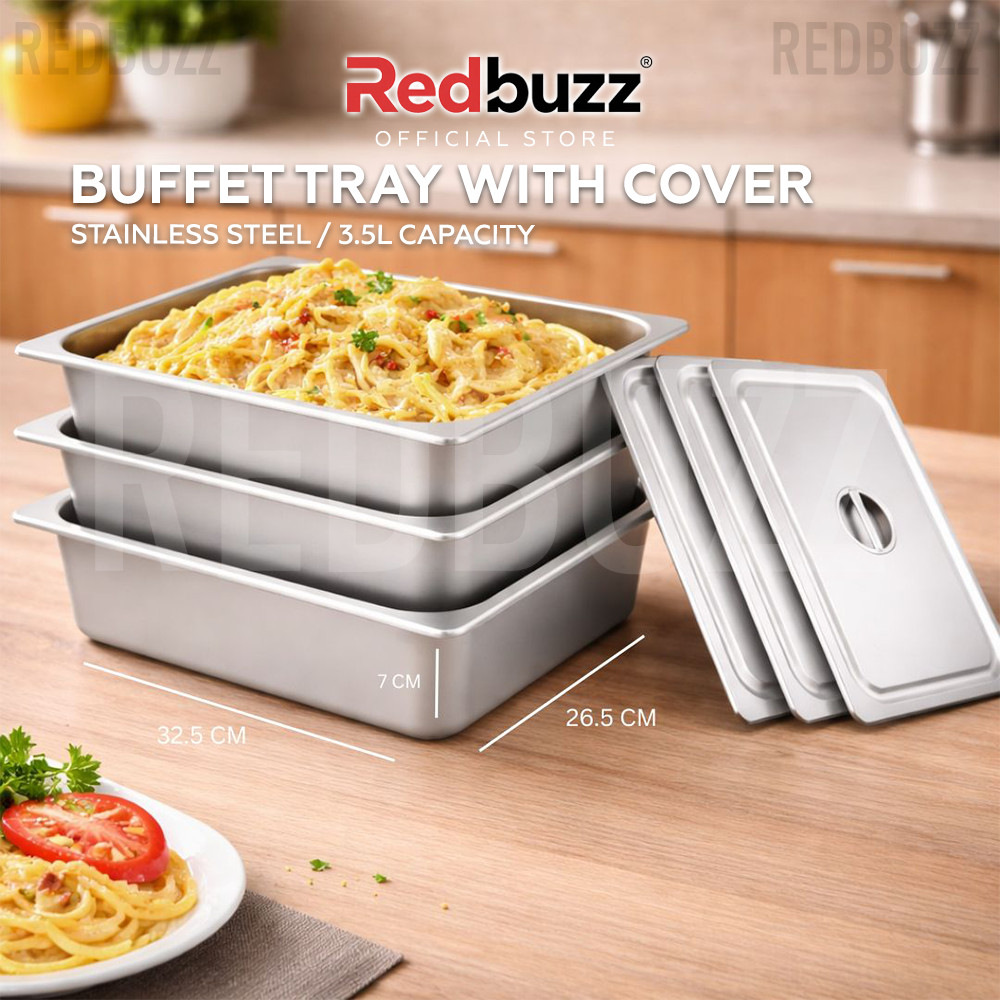 REDBUZZ Stainless Steel Buffet Tray 1/2 Bekas Hidangan Penutup Lutsinar Box With Lid Food Container Kitchen Food Tray