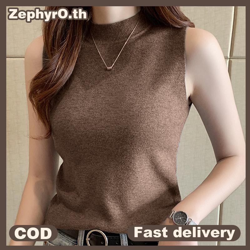 null Summer Retro Half Turtlene Knitted Tank Top Women Solid Sleeveless Slim Vest null