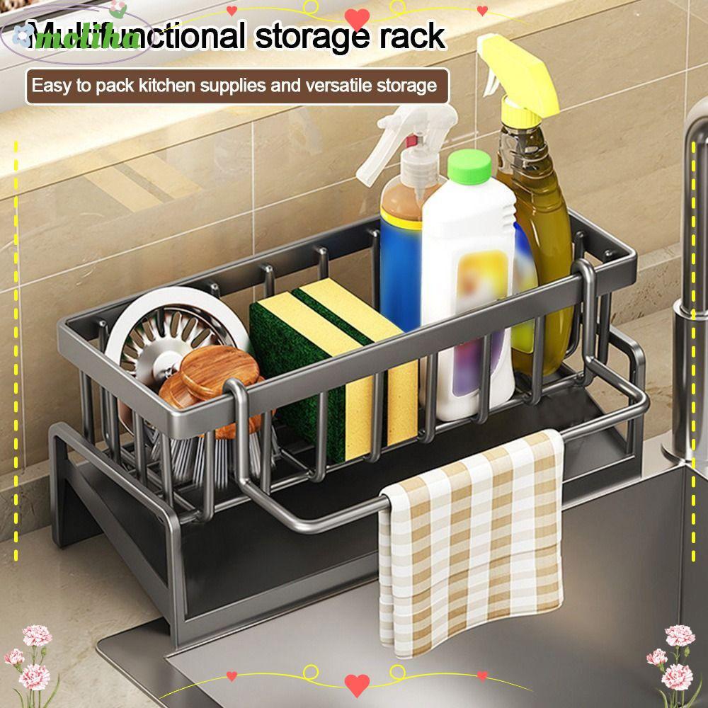 MOLIHA Self-draining Sink Shelf, Large Capacity Rag Organizer Kitchen Storage Rack, Durable Multifunctional Metal Large Size Sponge Holder Bathroom Shampoo Shelves