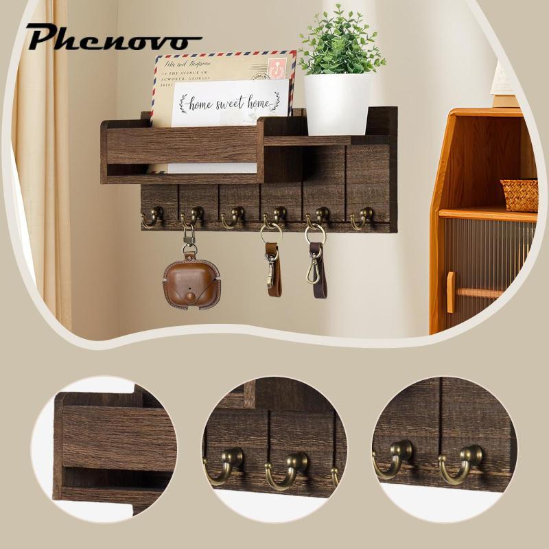 [Phenovo] Key Holder Wall Mount Key Shelf Wooden Rustic Wall Shelf Mail Organizer Tray for