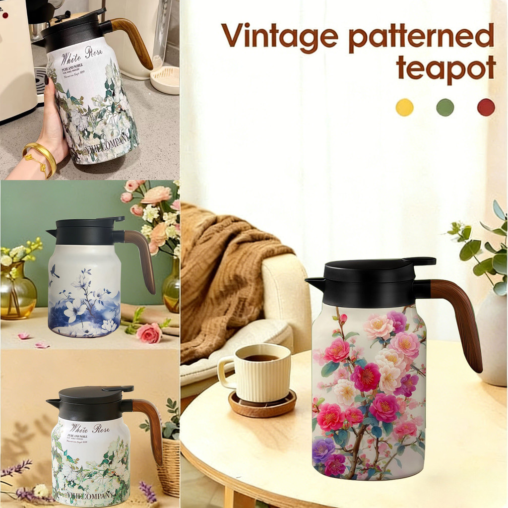 1500 ML Vintage Floral Tea Thermos with Handle Stainless Steel Tea Kettle Flower Pattern Infuser Pot for Home Cerek Teh
