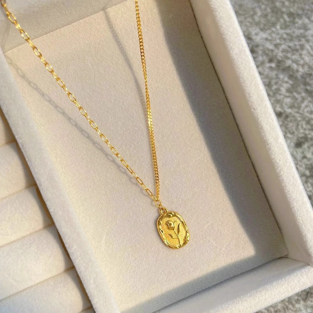 916 gold Tulip /Romantic Rose Square Plate Pendant/charm gold 916