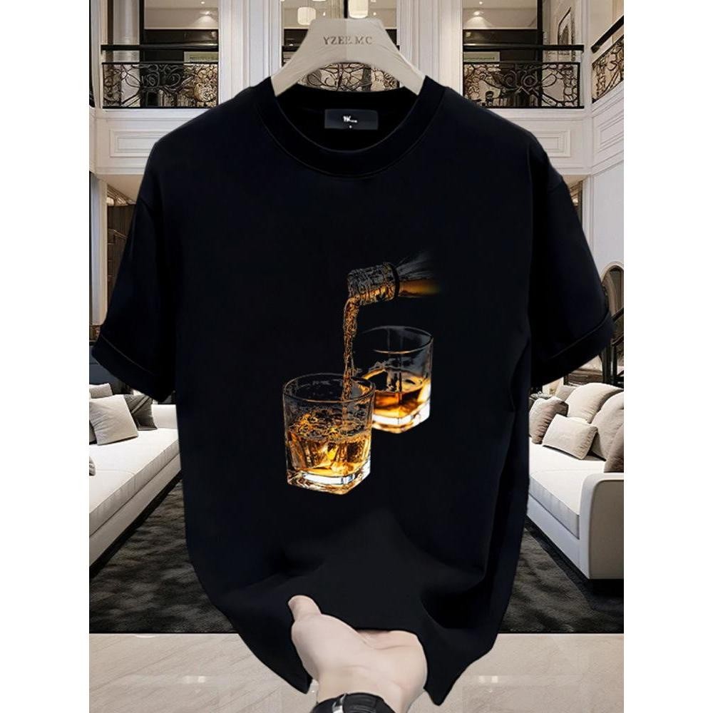 BAJU Fashion G Whiskey Pattern Print T-shirt Women Men Round Neck 100%cotton Short Sleeve Baju Shirt
