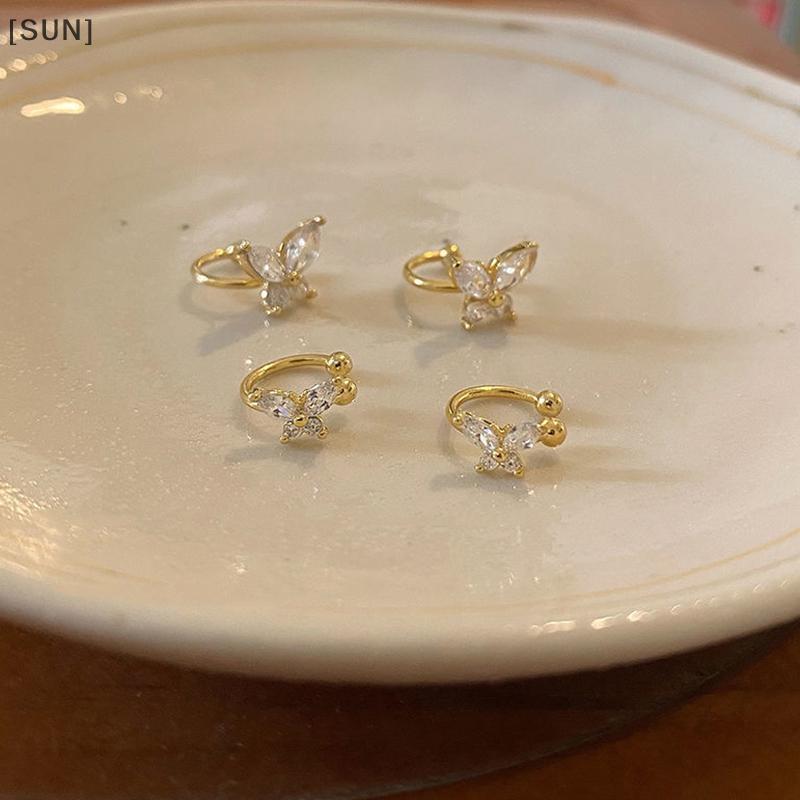 [SUN] 1Pair Shinning Zircon Big/Small Butterfly Ear Clip Earrings Crystal No Piercing Ear Cuff Women Fake Piercing Ear Wrap null