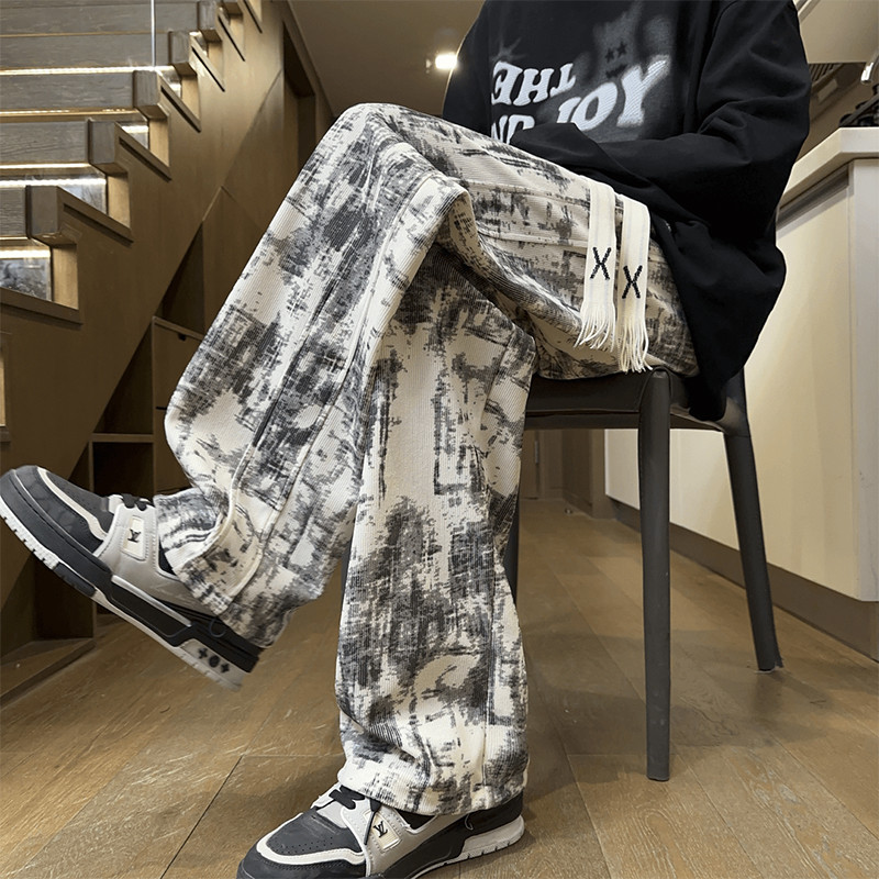 Autumn Winter Tie-Dye Sweatpants Men's Korean Version Trendy Printed Retro Outer Wear Brushed Thickened Casual Long Pants Teenager