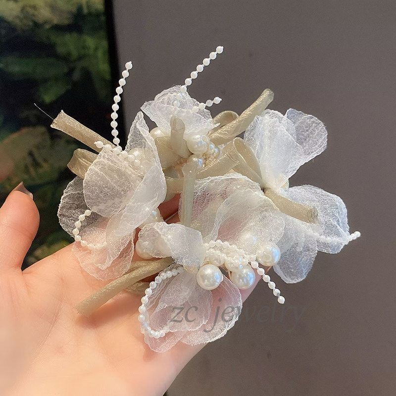 Korea Dongdaemun Sweet ins Organza Bow Pearl Bracelet Tie Head Rope Female Exquisite Ball Hair Accessories
