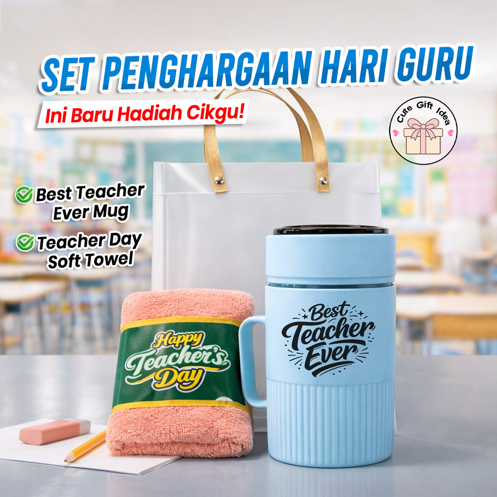 VCR Teacher Day Gift Set Mug Towel Gift Bag Best Teacher Ever Present Hari Guru Hadiah Cikgu Ready Gift
