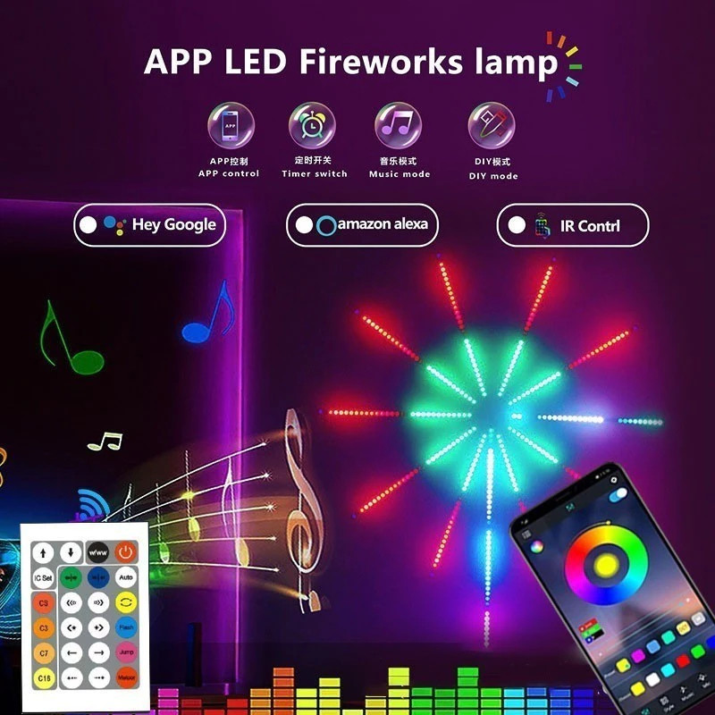 Smart Flexible LED Firework Light RGB Light Strip Festive Mood Light Music-Synced Light Strip App and Remote Control