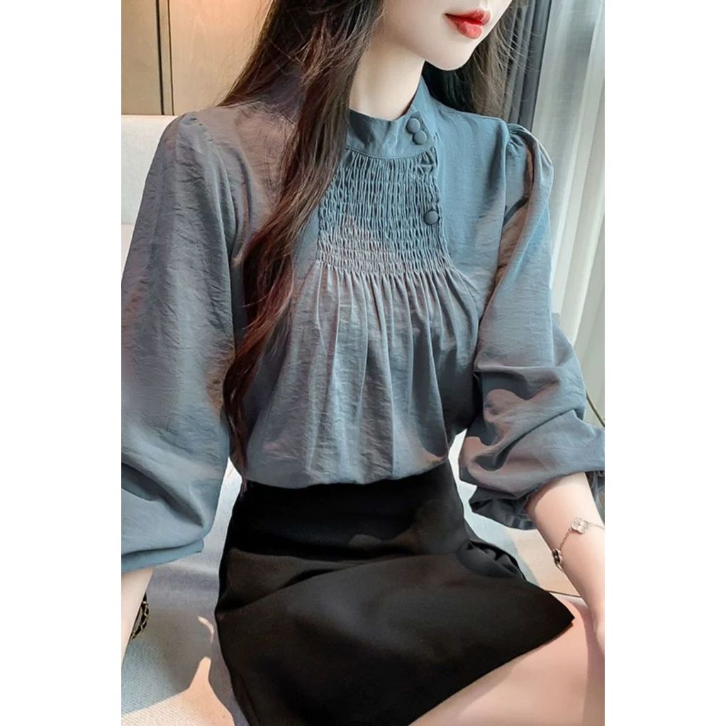 Stand-Up Collar Pleated Long Sleeve Shirt - Stylish Women’s Spring-Autumn Top | COD Available