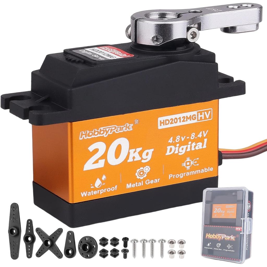 HobbyPark Servo Kalis Air 20KG Motor Servo Tork Tinggi RC Servo Gear Logam Digital dengan Horn Servo 25T untuk Kereta RC 1/10 1/12 Robot DIY Sudut Kawalan 180 ° , 0.09saat