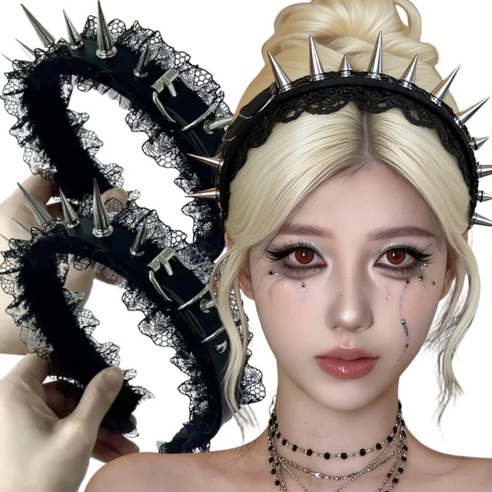 Women Rivet Pointed Lace Hair Band Gothic Style Punk Headband Girls Cosplay Party Headdress Y2K Subculture Hair Accessories