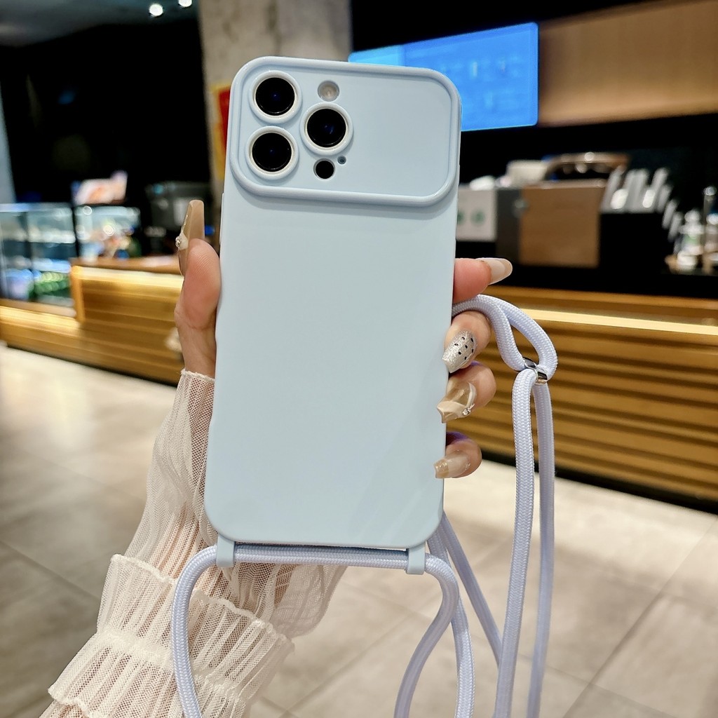 Fashion Large Window Crossboby Lanyard Silicone Case For iPhone 16 15 14 13 12 11 Pro Max Hang Neck Strap Solid Color Fundas