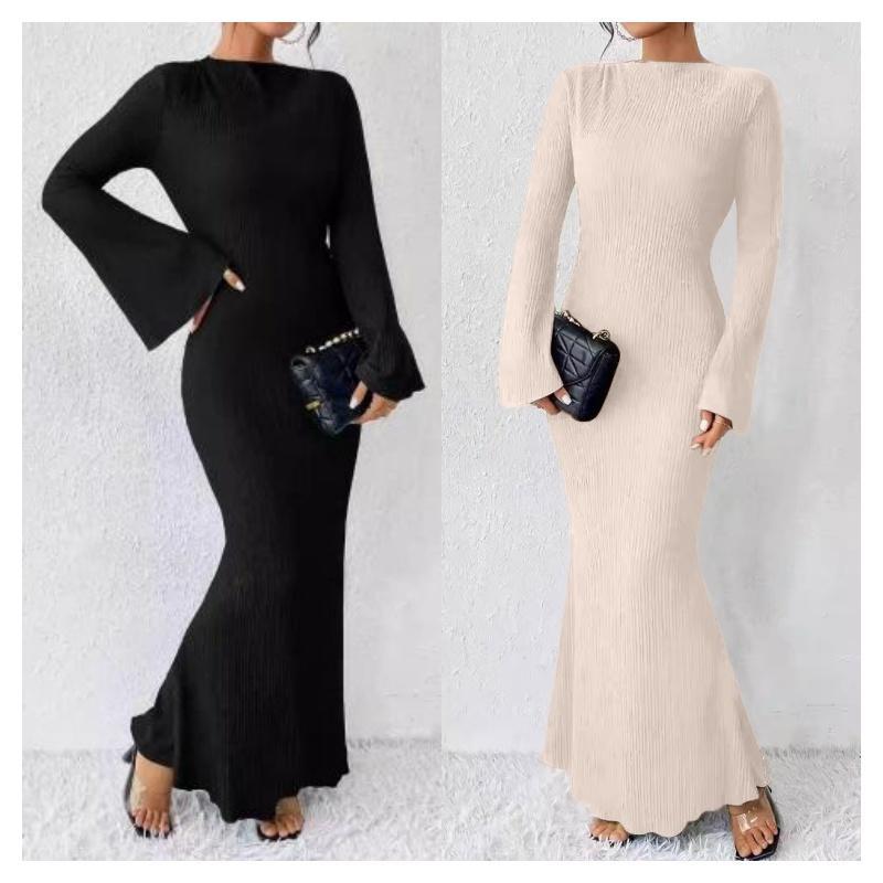 ✨【READY STOCK 】Bella Bell-sleeved Fitted Long Dress Women French-style Elegant Dress (Apricot/Black)