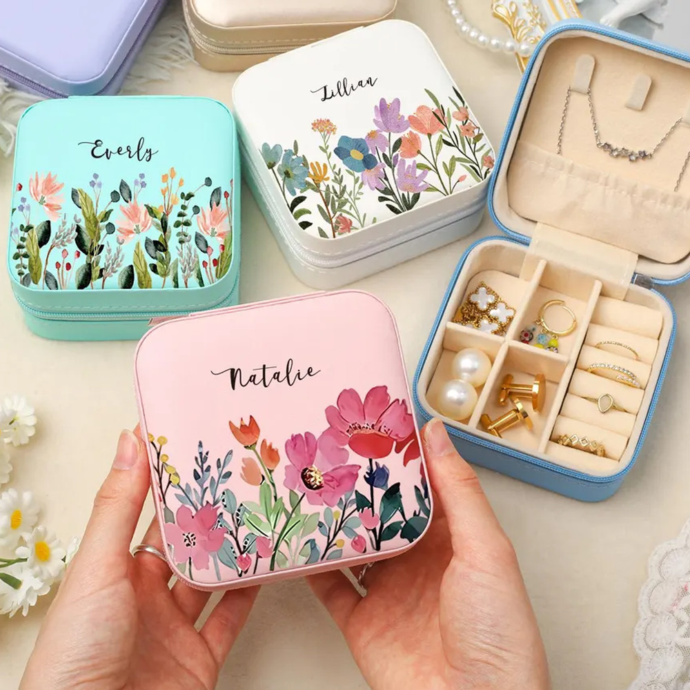 Free Customized Watercolor Flower Jewelry Box Personalized Name Travel Jewelry Box Bridesmaid Gift Birthday Gift Box