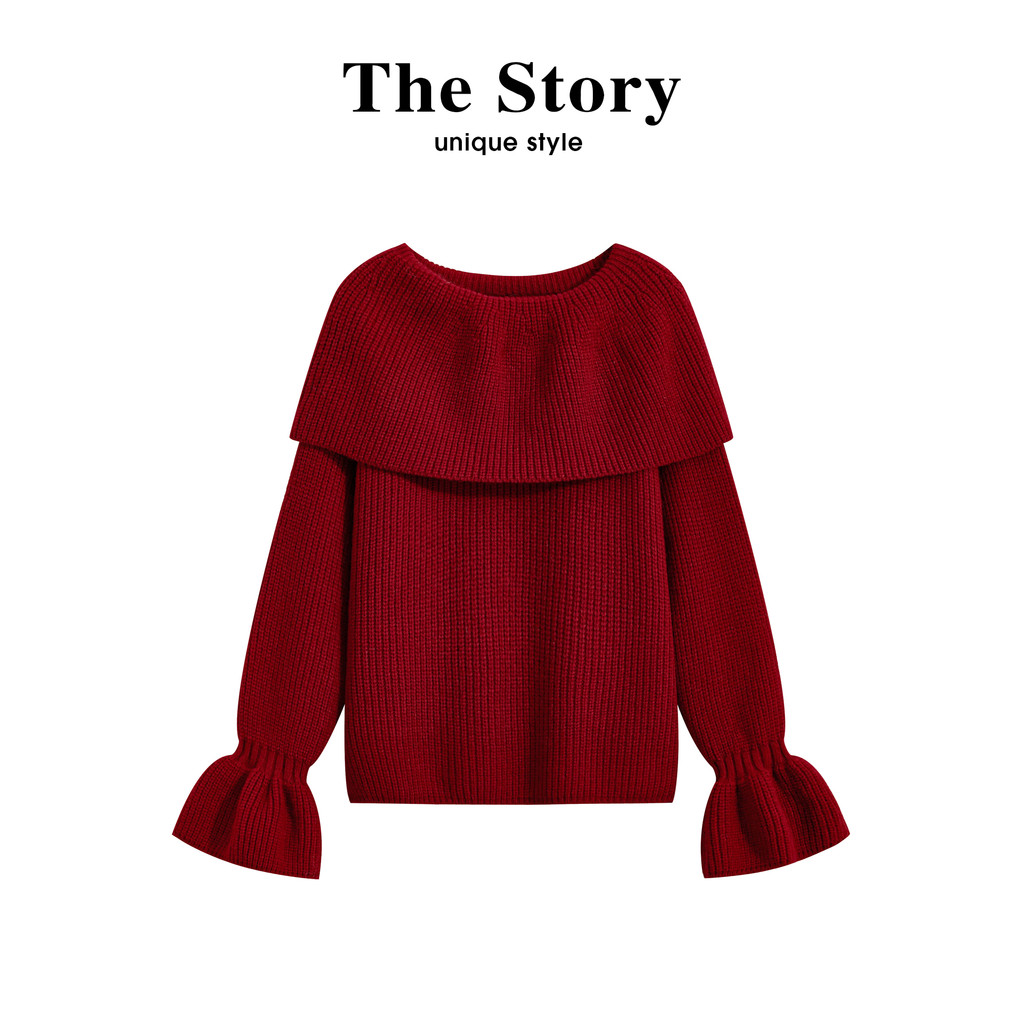 Those Things Wardrobe New Year Atmosphere Red Sweater Women Autumn Winter Style Lazy Ruffled Age-Reducing Diagonal Shoul
