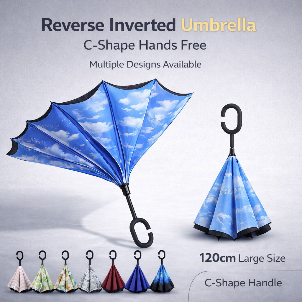Reverse C Handle Inverted Umbrella 120cm Windproof UV Protection Car Umbrella Self Stand Payung Hujan