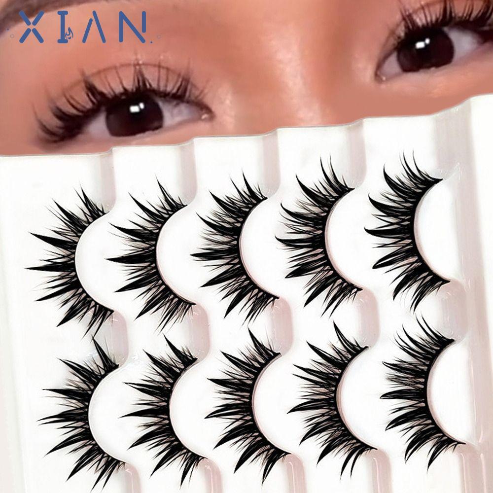 XIANEE 5 Pairs False Eyelashes, Thick Long Handmade Craft Faux Mink Eyelashes, Reusable Wispy Fluffy Soft Band Thai Eyelashes Extension