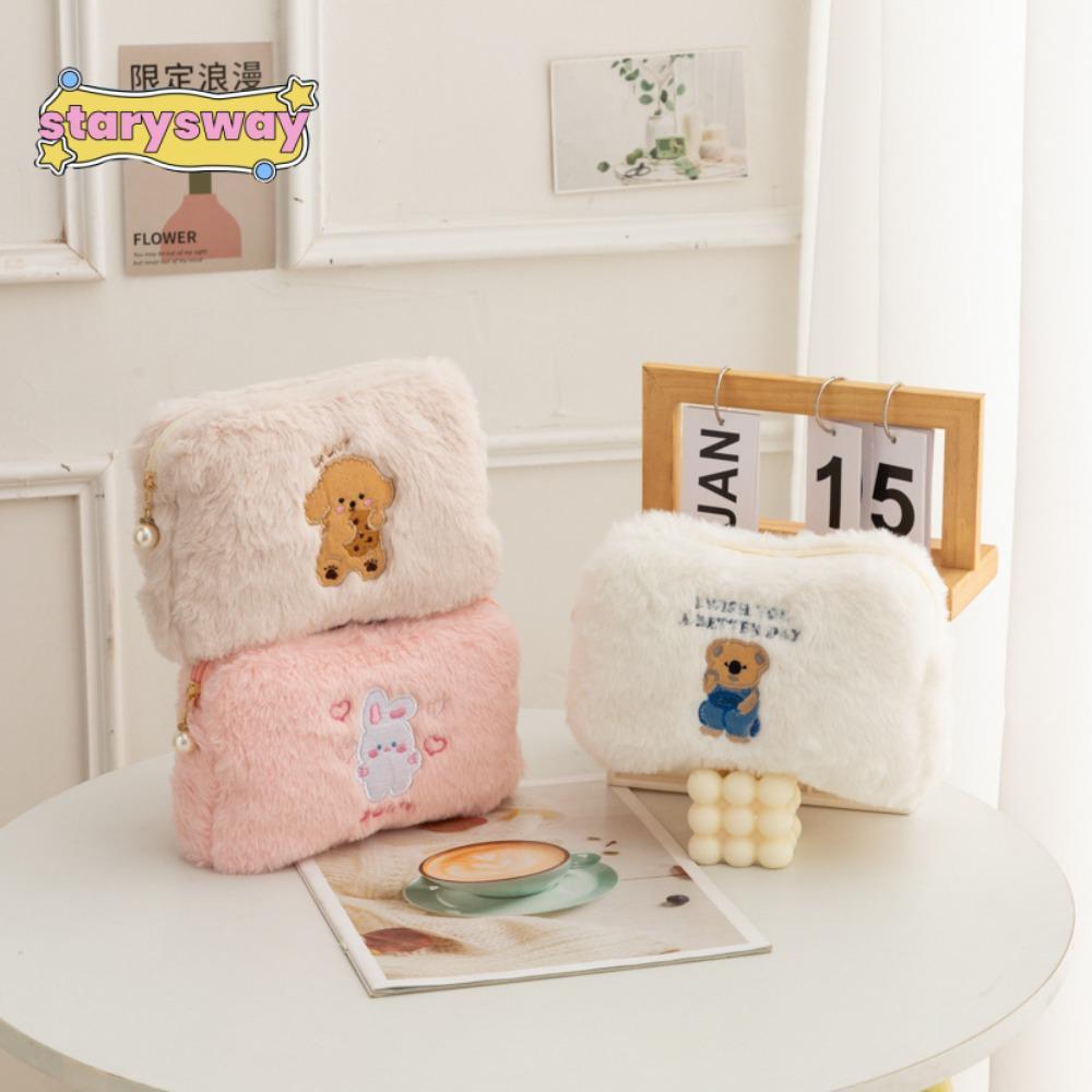 STARYSWAY Plush Cosmetic Bag, Cartoon Embroidery Plush Pencil , Portable Solid Color Travel Makeup Pouch