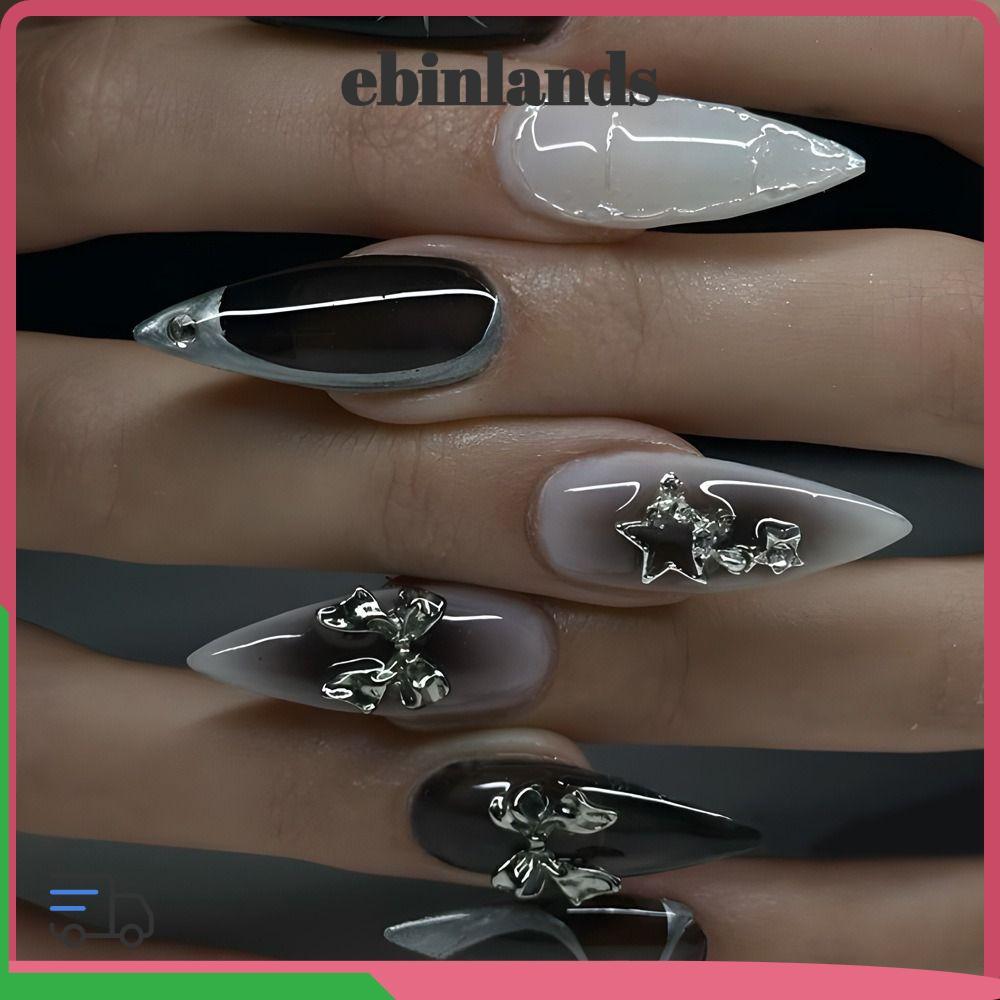 NOVOCCT 24pcs False Nails, Long Almond Black Fake Nials, Manicure Flowers Silver Butterfly Star Detachable French Nail Tips Women
