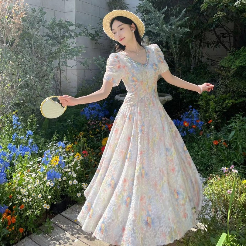 French Sweet Short-Sleeved Burnt Flower Floral Heavy Industry Lace V-Neck High-Waisted Long Style Out Beautiful Fairy Princess Dress