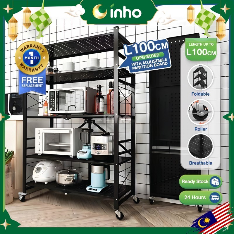 INHO L72-100cm (2-5 Layers) Simple Foldable Design Movable Trolley Kitchen Rack with Rollers