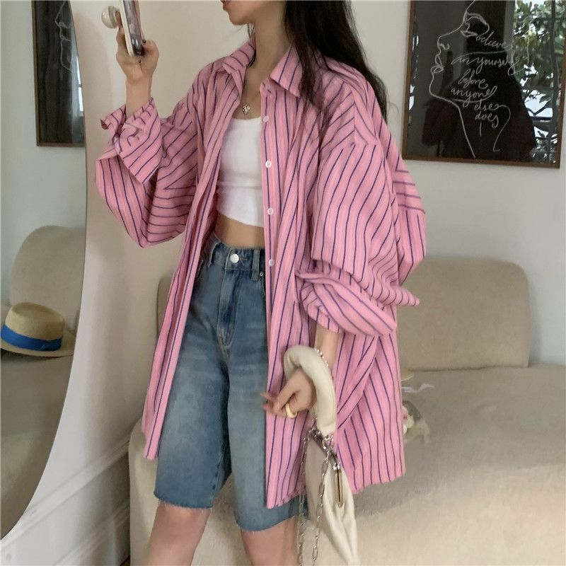 Alice Thin Jacket Girls Top Women Cardigan Long-Sleeved Pink Contrast Color Striped Shirt Summer Mid-Length Loose Large oversize Style Sunscreen