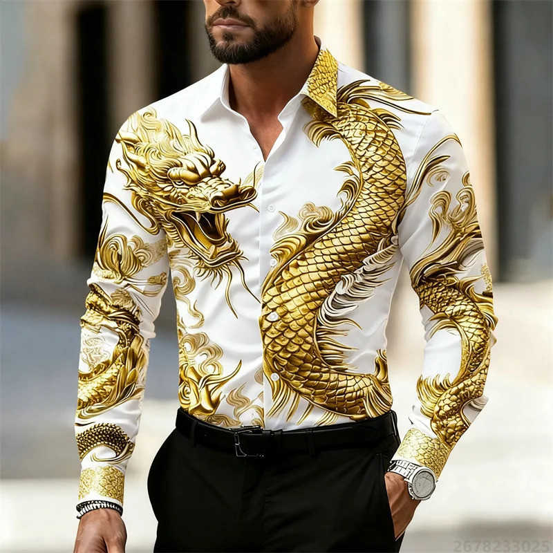 Men's Shirt Long Sleeve Shirt Chinese Loong HD Pattern 3D Printing Lapel Fashionable Casual Street Top, High Quality Fabric ZTSW
