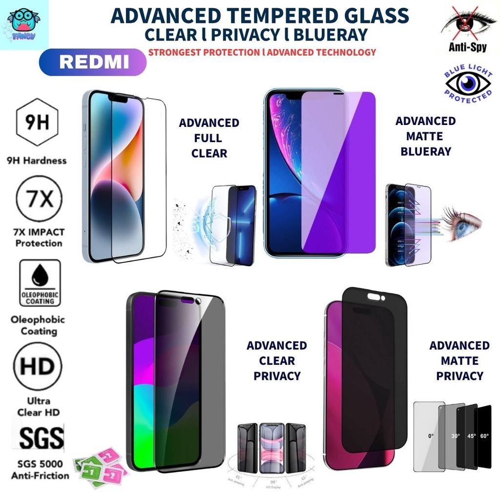 Advanced Tempered Glass Redmi Note 15Pro,14,13Pro,13,12Pro,12,15C,15,14C,13C,A5 PRIVACY CLEAR MATTE SCREEN PROTECTOR
