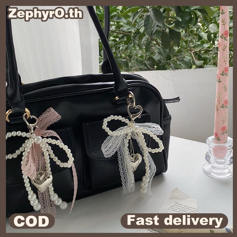 null 1Pcs Sweet Lace Bow Beaded Bow Keychain Phone Charm Strap Pendant For Phone Accessories Bag Hanging Cord For Women Girl null