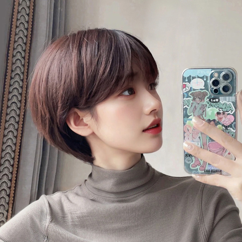 rambut palsu rambut palsu budak perempuan Wig Female Full Headgear Real Hair Fashionable Classy Age-Reducing Short Bobby Head Real Hair Natural Short Hair Headgear