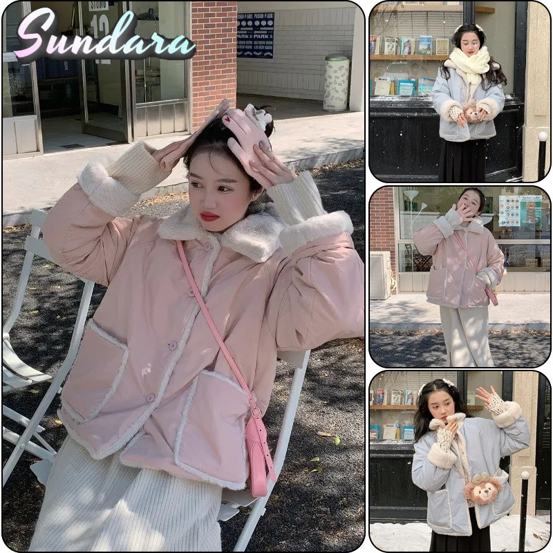 Autumn And Winter Women'S Sweet Style Warm Lamb Wool Cotton Jacket Long Sleeve Korean-Style Coat With Fur Collar And Large Pockets