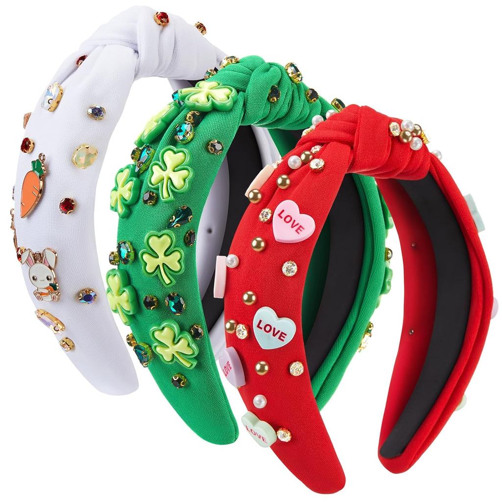 3 Pcs Headband Berbentuk Hati untuk Hari Valentine, Headband Berhias Manik untuk Hari St. Patrick dan Paskah, Aksesori Rambut dengan Reka Bentuk Simpul Kristal Berlian Imitasi untuk Wanita