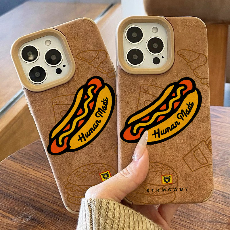 Human Made Fashion Brand Brown Leather Phone Case for iPhone 17 Pro Max 16 15 Plus 14 13 12 11 Air Pro Max Retro Fashion Shockproof Cover