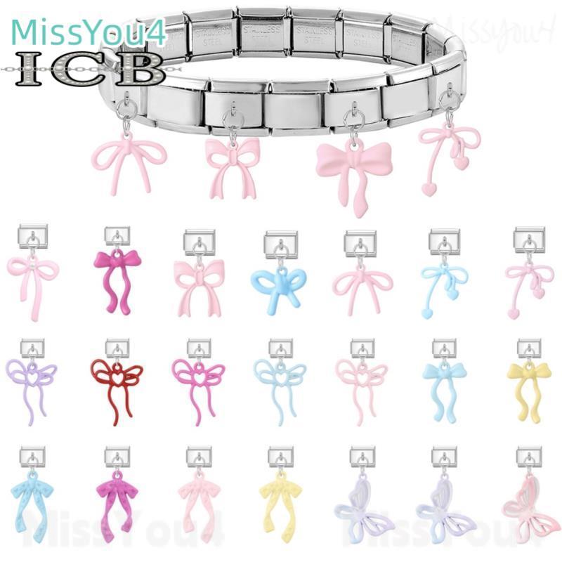 New Fashion Pink Blue Bow Pendant Italian Charm Bracelet Fit 9mm Stainless Steel Bracelet DIY Jewelry Making Accessories Personality Module Bracelet Jewelry Decorations