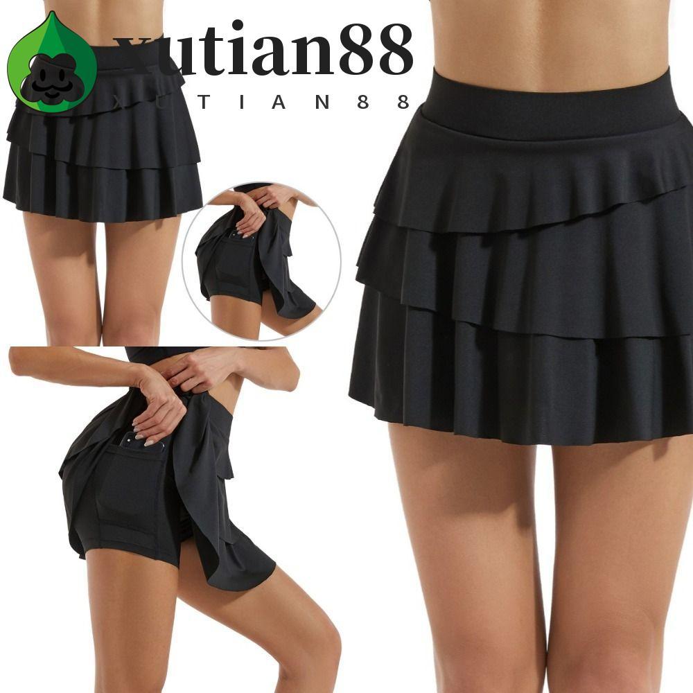 XUTIAN Women's Pleated Tennis Skirts, 2 Pockets Ruffle Golf Athletic Skirt, Soft Quick Drying Tummy Control with Shorts Layered Skirts Women