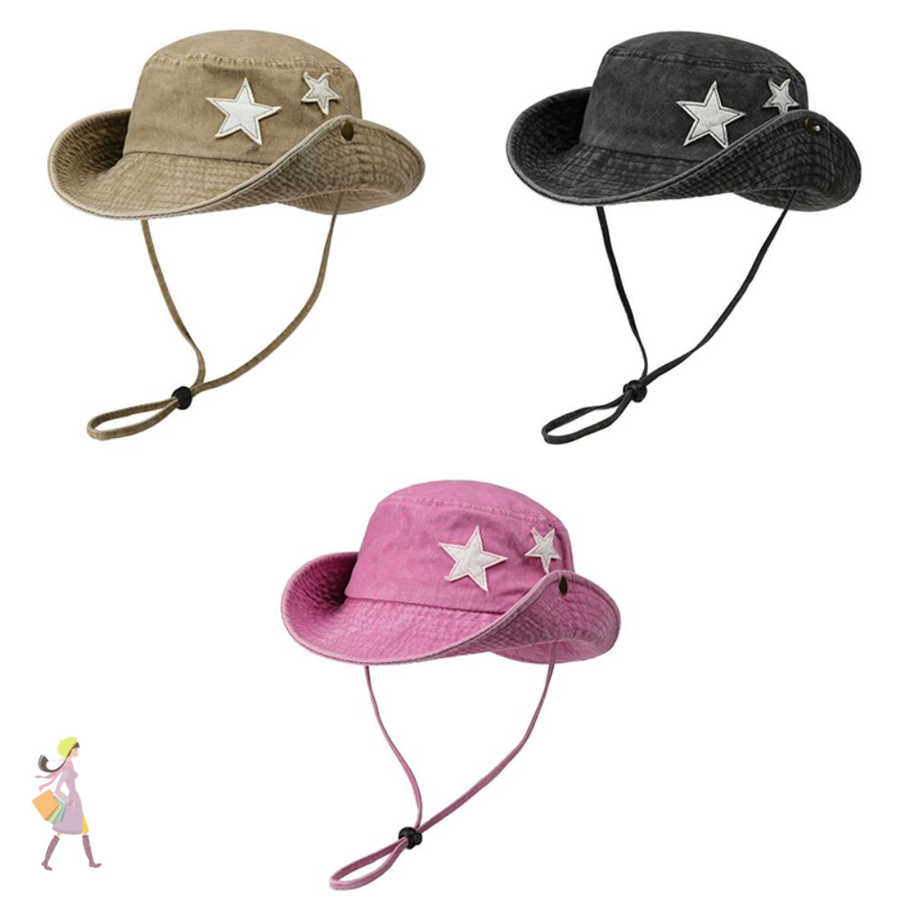INNICE Vintage Washed Denim Hat, Sunscreen Wide Brim Western Cowboy Hats, Windproof Drawstring Adjustable Five-pointed Star Embroidery Fisherman Hat Outdoor Mountaineering